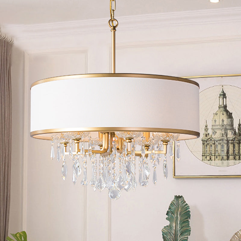 Drum Ceiling Chandelier Modernism Fabric 6 Bulbs Brass Hanging Pendant Light with Crystal Droplet