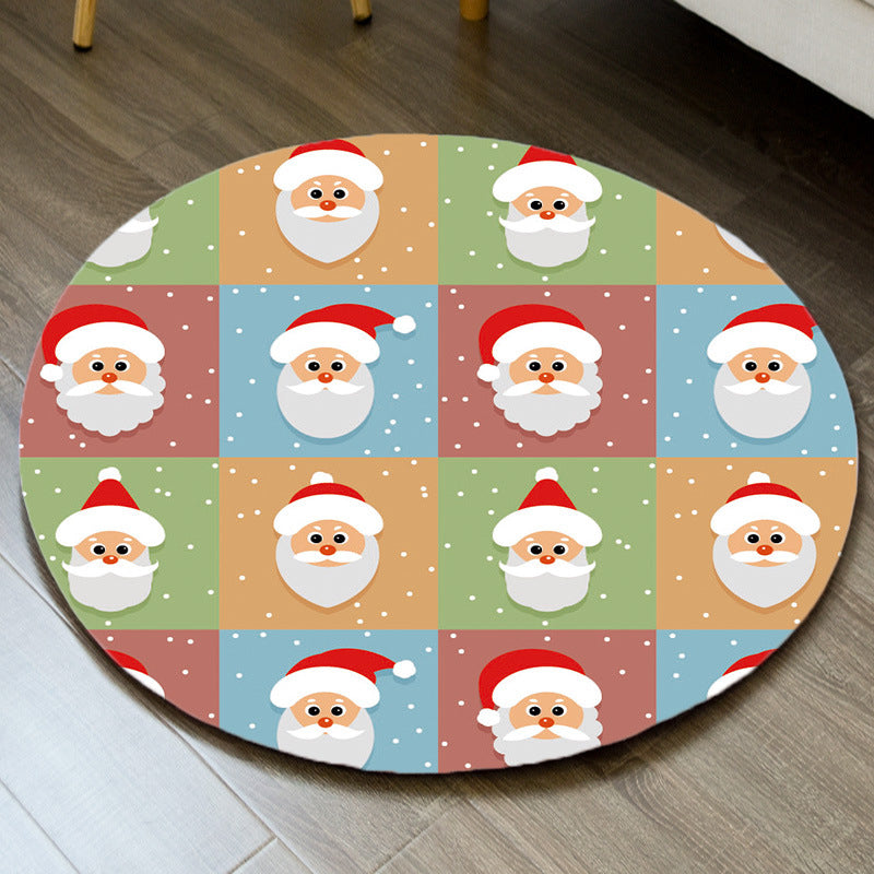 Round Funky Living Room Carpet Christmas Print Rug Polyester Washable Carpet with Non-Slip Backing