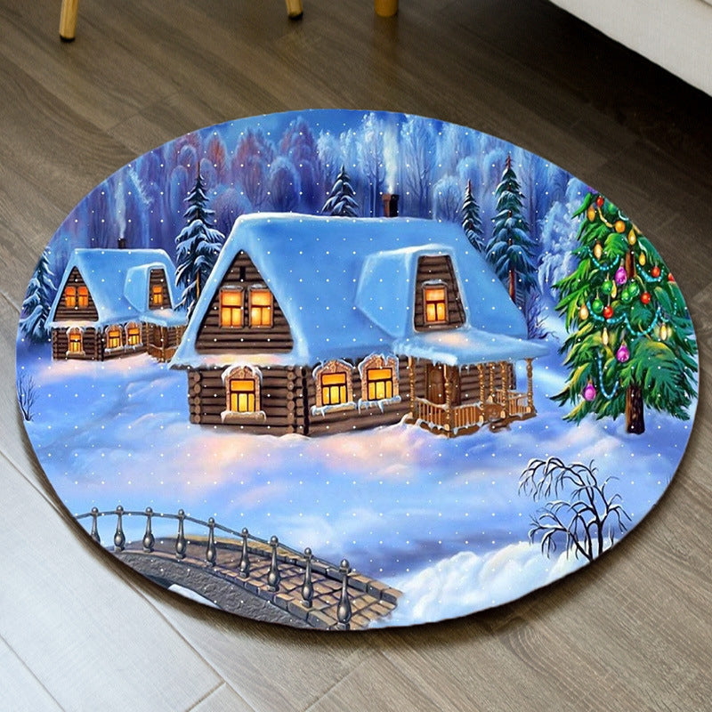 Round Funky Living Room Carpet Christmas Print Rug Polyester Washable Carpet with Non-Slip Backing