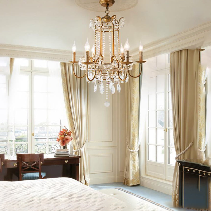 Curved Arm Metal Chandelier Lamp Traditionary 6 Heads Brass Hanging Pendant Light with Clear Crystal Drop