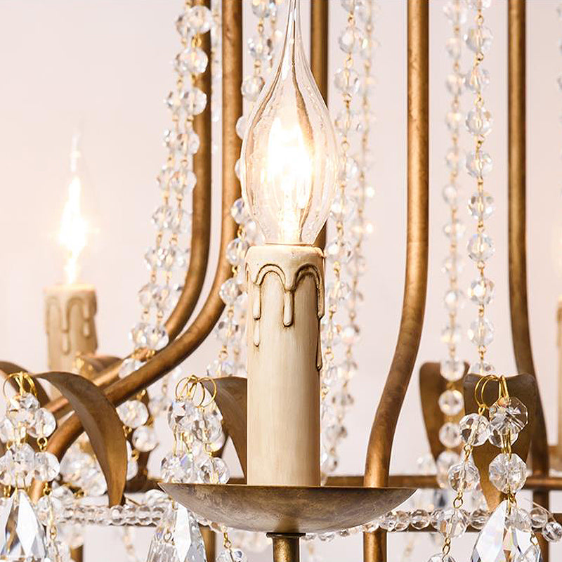 Curved Arm Metal Chandelier Lamp Traditionary 6 Heads Brass Hanging Pendant Light with Clear Crystal Drop