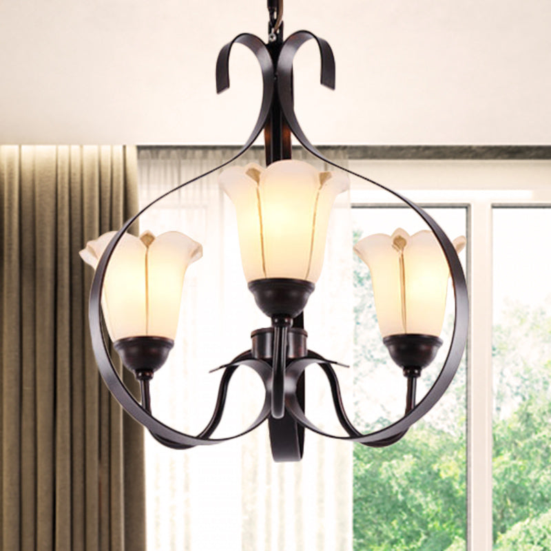 Floral Dining Room Suspension Lamp Milk Glass 3/5/8 Heads Modern Style Chandelier Lighting Fixture in Red Brown