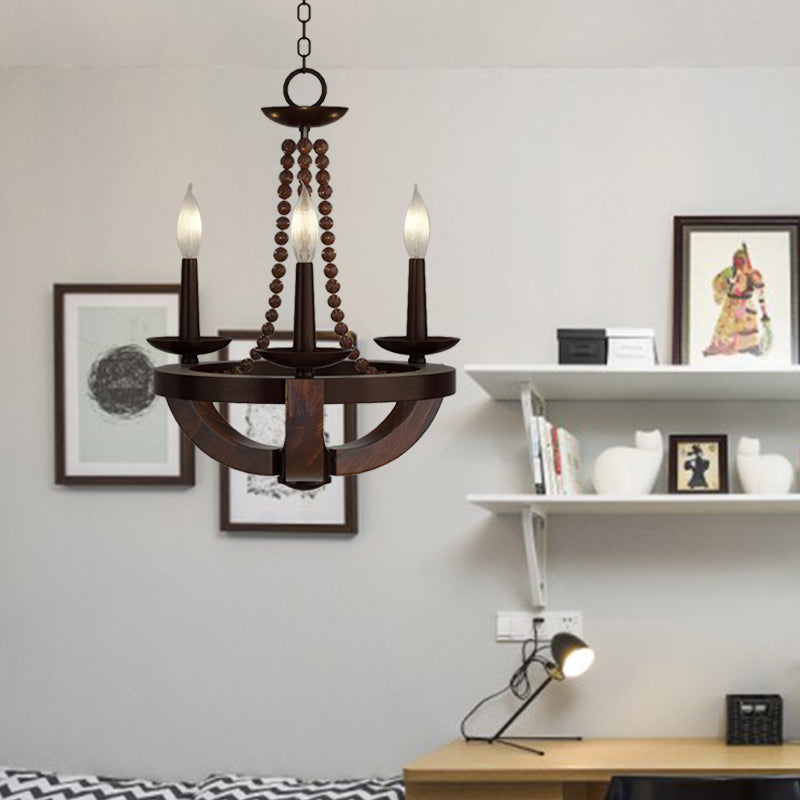 Luz de araña del imperio de bulbo marrón abierto estilo tradicional 3 cabezas de madera lámpara colgante con cuentas deco