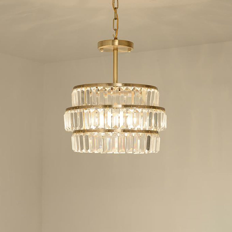 Brass Layered Ceiling Chandelier Modernist 3 Bulbs Cut Crystal Suspension Pendant Light
