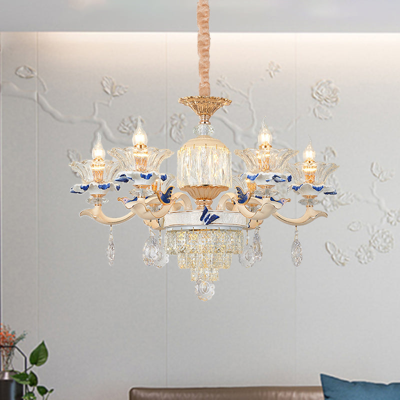 6 cabezas de comedor lámpara lámpara tradición dorada de luz colgante de luz con sombra de vidrio transparente