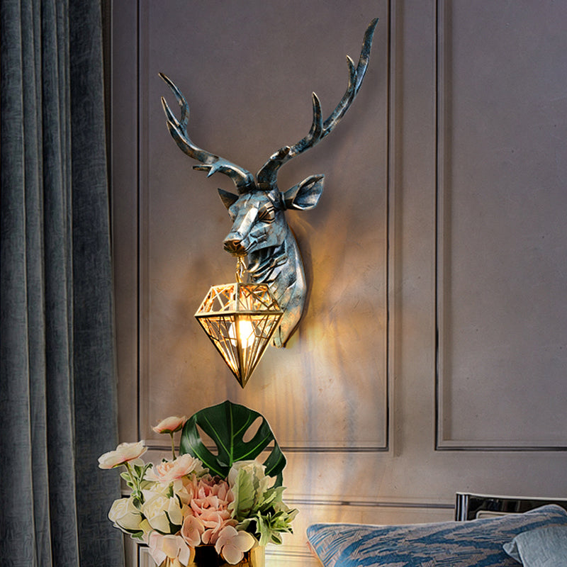 Elk Resin Wall Sconce Lamp Lodge Style 1 Light Indoor Bronze Wall Mount Light with Diamond Cage Shade, 14.5"/19.5" W