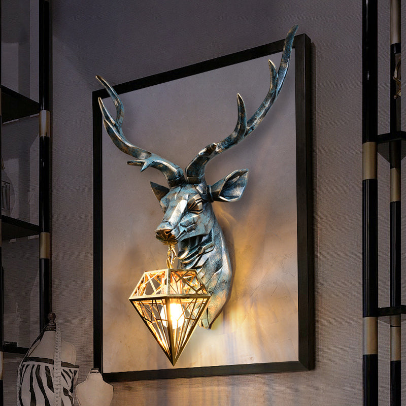 Elk Resin Wall Sconce Lamp Lodge Style 1 Light Indoor Bronze Wall Mount Light with Diamond Cage Shade, 14.5"/19.5" W