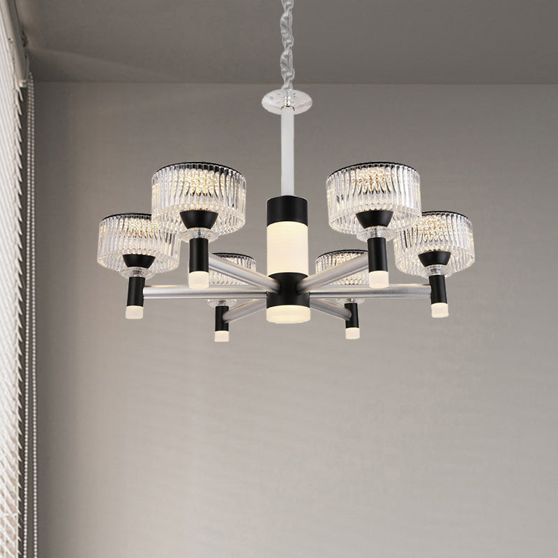 Drum Chandelier Lamp Contemporary Beveled Crystal Black 6/8/12 Heads Suspended Lighting Fixture