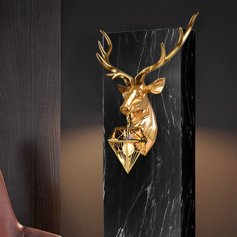 Lodge Stylish Deer Wall Mount Light Resin 1 Head Living Room Wall Light Fixture with Diamond Shade, 14.5"/19.5" W