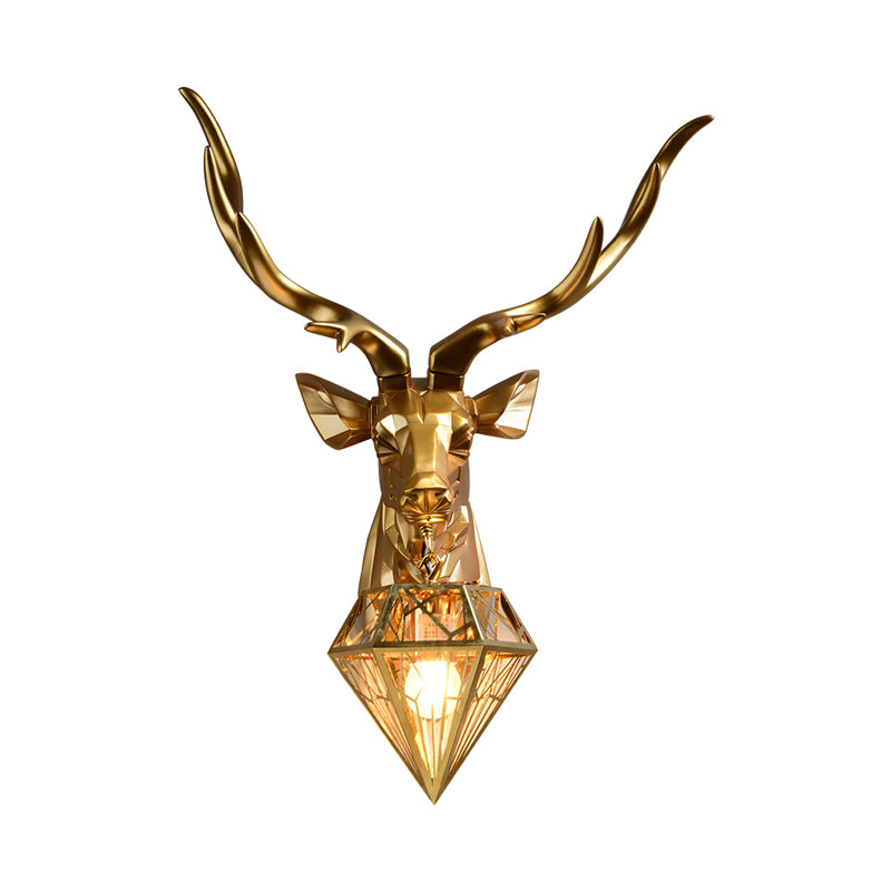 Lodge Stylish Deer Wall Mount Light Resin 1 Head Living Room Wall Light Fixture with Diamond Shade, 14.5"/19.5" W