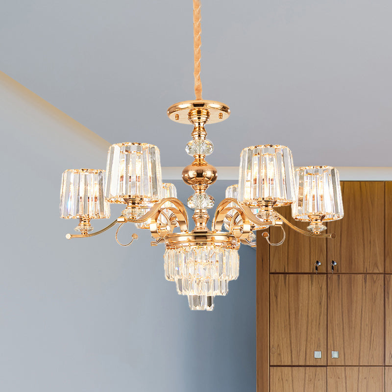 Contemporary 6/8 Bulbs Hanging Chandelier Gold Tapered Ceiling Pendant Light with Crystal Shade