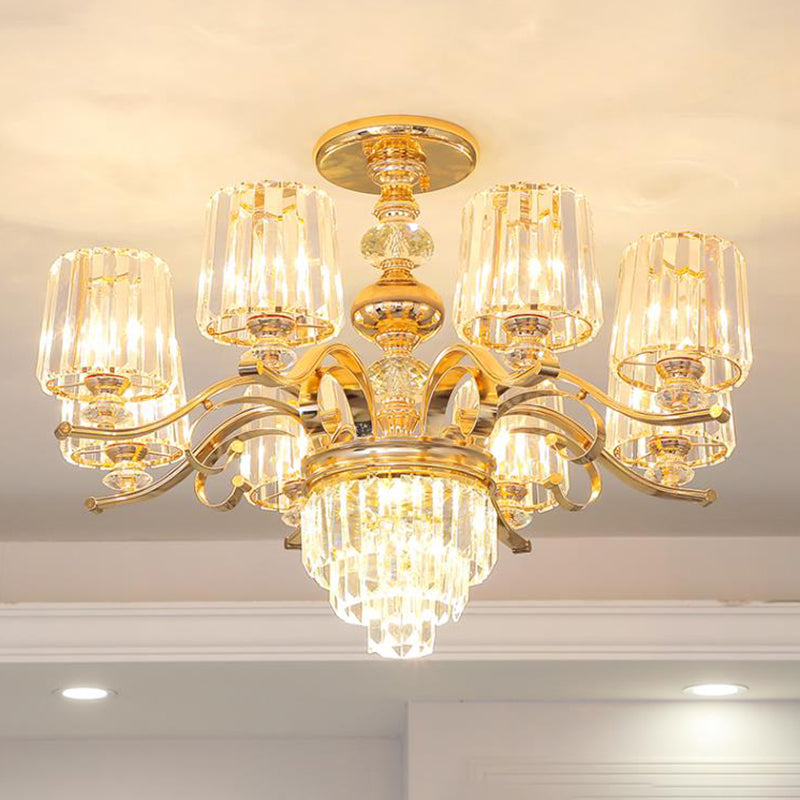 Contemporary 6/8 Bulbs Hanging Chandelier Gold Tapered Ceiling Pendant Light with Crystal Shade