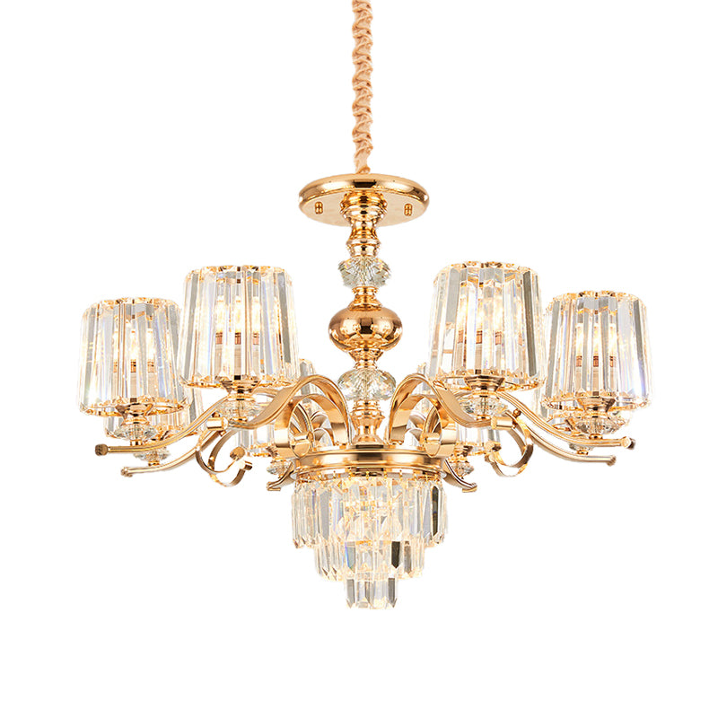 Contemporary 6/8 Bulbs Hanging Chandelier Gold Tapered Ceiling Pendant Light with Crystal Shade