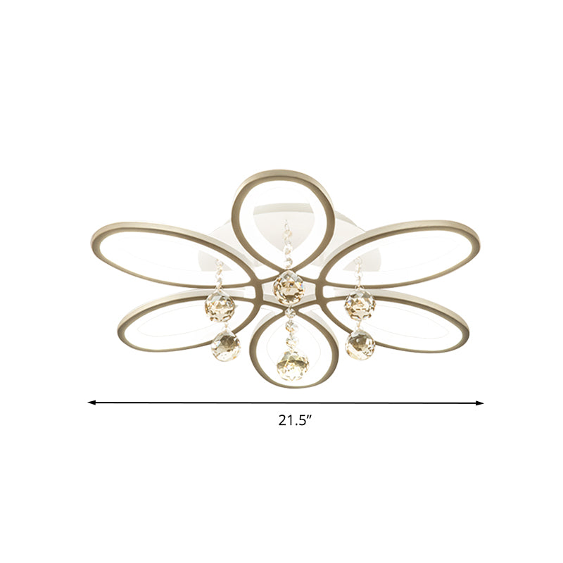 Plafonnier LED moderniste en acrylique à motif floral blanc avec boule de cristal pour chambre à coucher