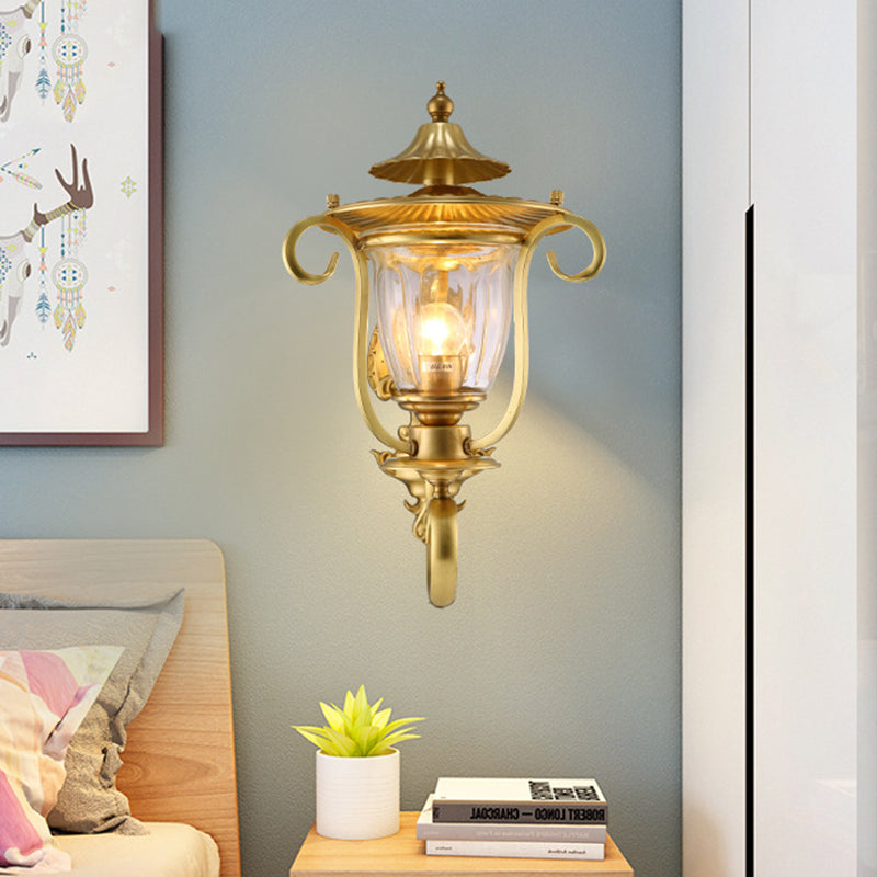 1/2-Head Wall Light Sconce Colonial Curved Arm Brass Gold Wall Mounted Lamp with Clear Glass Shade