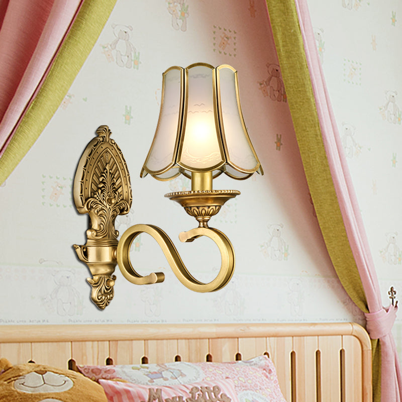 Gold 1/2 Heads Sconce Light Retro Metallic Curved Arm Wall Lighting with Flared Beveled Glass Shade