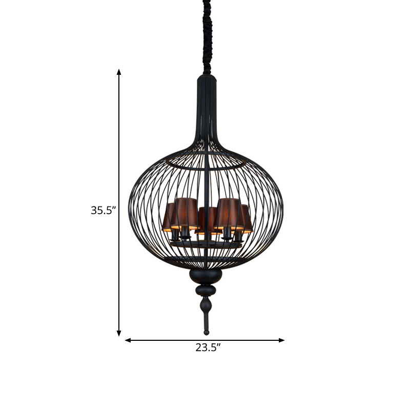 Lantern Iron Chandelier Pendant 23.5"/27.5" W Traditional 5 Head Black Ceiling Lamp with Brown Fabric Tapered Lampshade