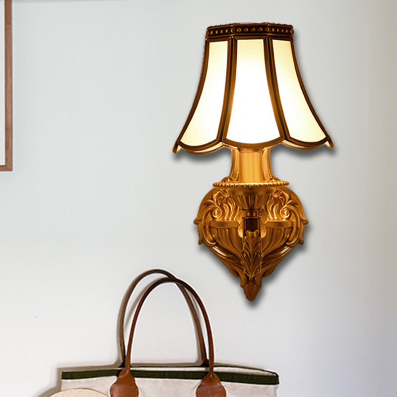 Flared Frosted Glass Wall Sconce Traditional 1/2 Lights White Wall Mounted Lamp with Curly Gold Arm