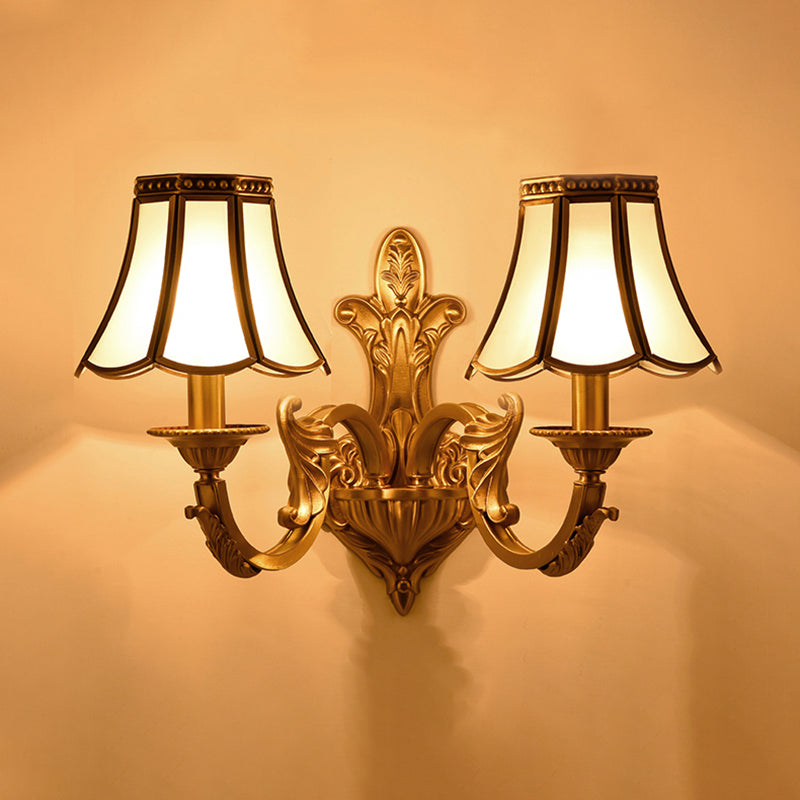 Flared Frosted Glass Wall Sconce Traditional 1/2 Lights White Wall Mounted Lamp with Curly Gold Arm