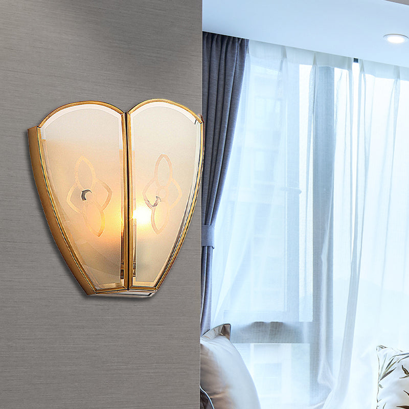 1 Bulb Gold Flush Sconce Light Vintage Style Floral Opal Glass Shade Wall Mount Lighting