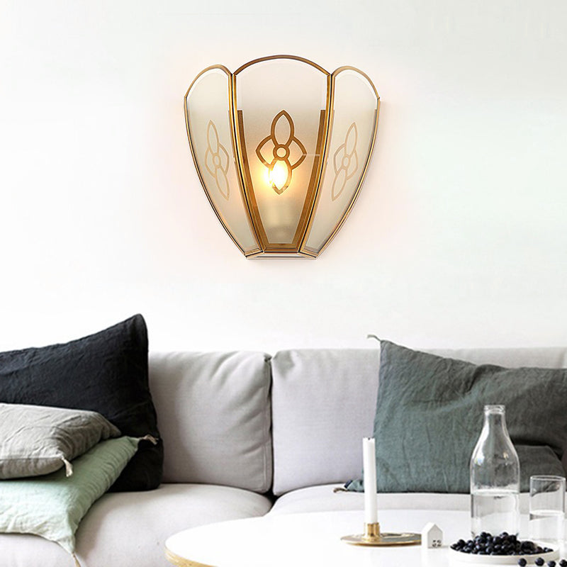 1 Bulb Gold Flush Sconce Light Vintage Style Floral Opal Glass Shade Wall Mount Lighting