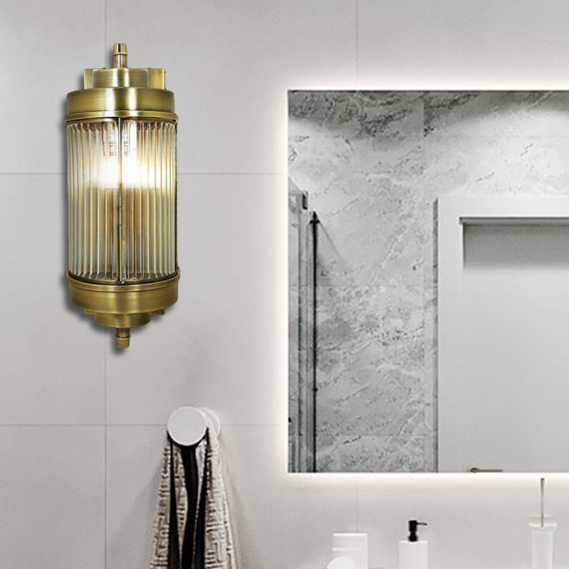 16"/23.5" H Ribbed Glass Golden Wall Mount Lamp Cylinder 1 Head Colonial Sconce Lighting