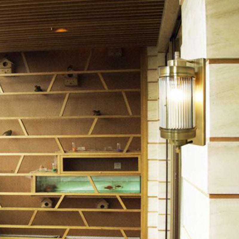 16"/23.5" H Ribbed Glass Golden Wall Mount Lamp Cylinder 1 Head Colonial Sconce Lighting