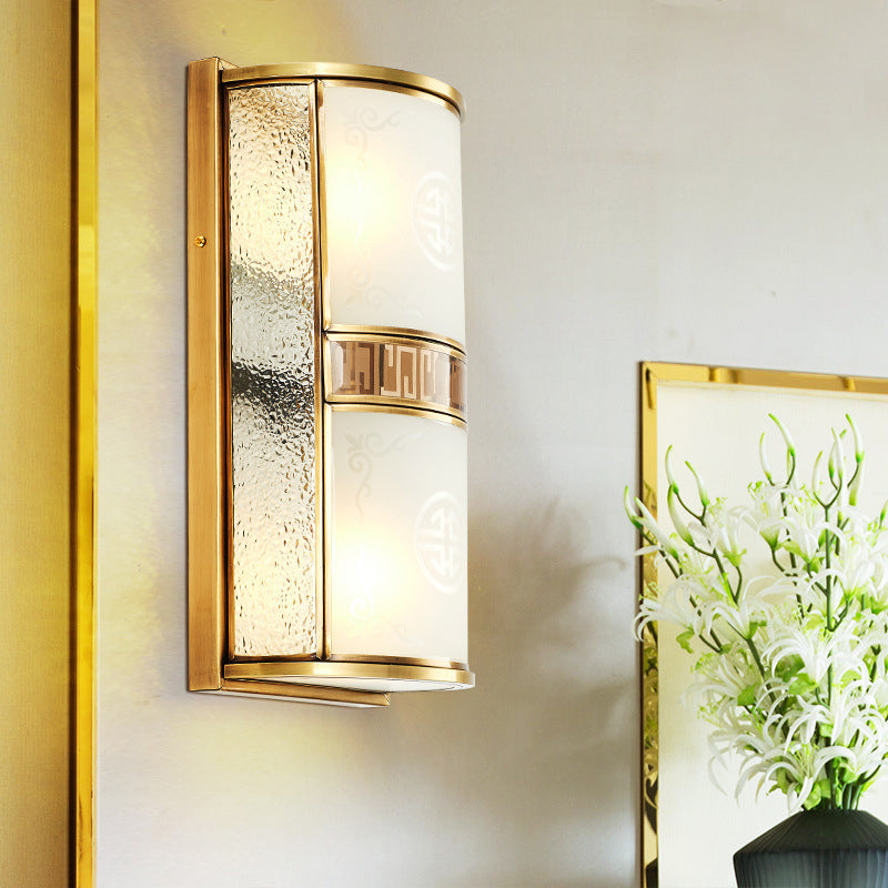 Vintage Halbzylinderwandlampe 8 "/10" W 4/2-Light Printed Glass Leuchte mit goldener Rückplatte