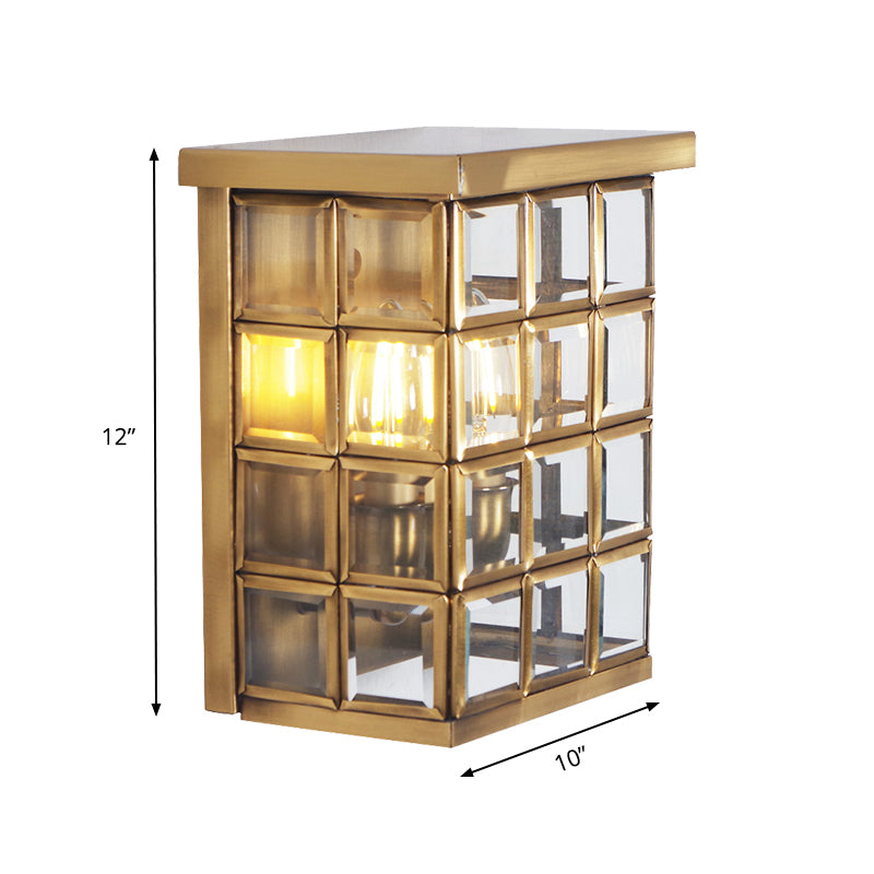Colonial Grid Flush Wall Sconce 2-Light Clear Glass Outdoor Wall Mount Light in Gold