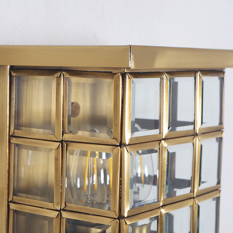 Colonial Grid Flush Wall Sconce 2-Light Clear Glass Outdoor Wall Mount Light in Gold