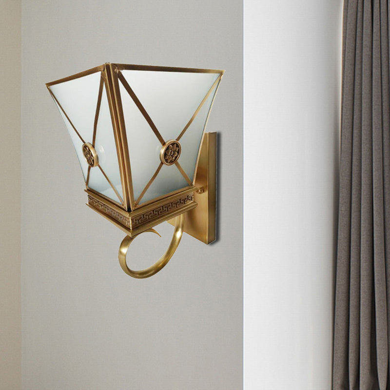 Tapered Opaque Glass Wall Sconce Vintage 1 Light Gold Finish Curly Arm Wall Light Fixture