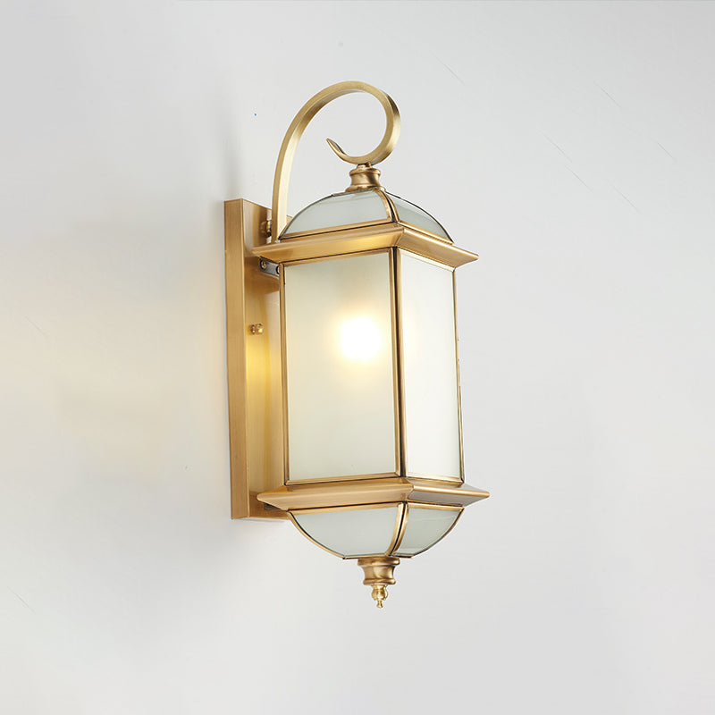 Single Curly Arm Wall Sconce Classic Golden Brass and Frosted Glass Shade Outdoor Wall Lantern