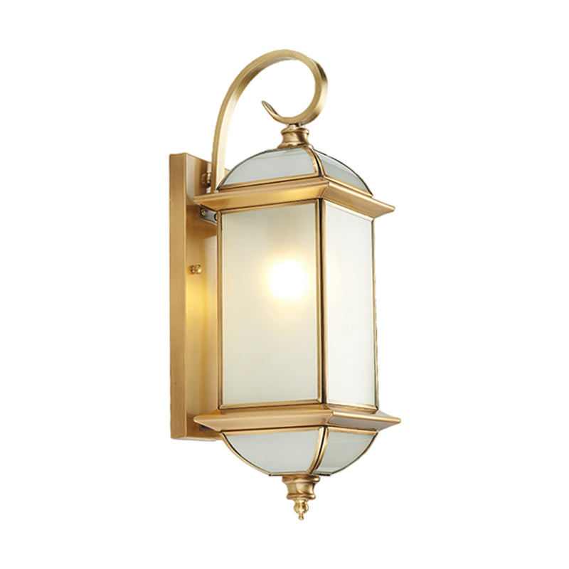 Single Curly Arm Wall Sconce Classic Golden Brass and Frosted Glass Shade Outdoor Wall Lantern