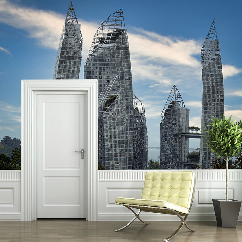 Urban Building Mural Wallpaper Water Resistant Wall Covering for Meeting Room