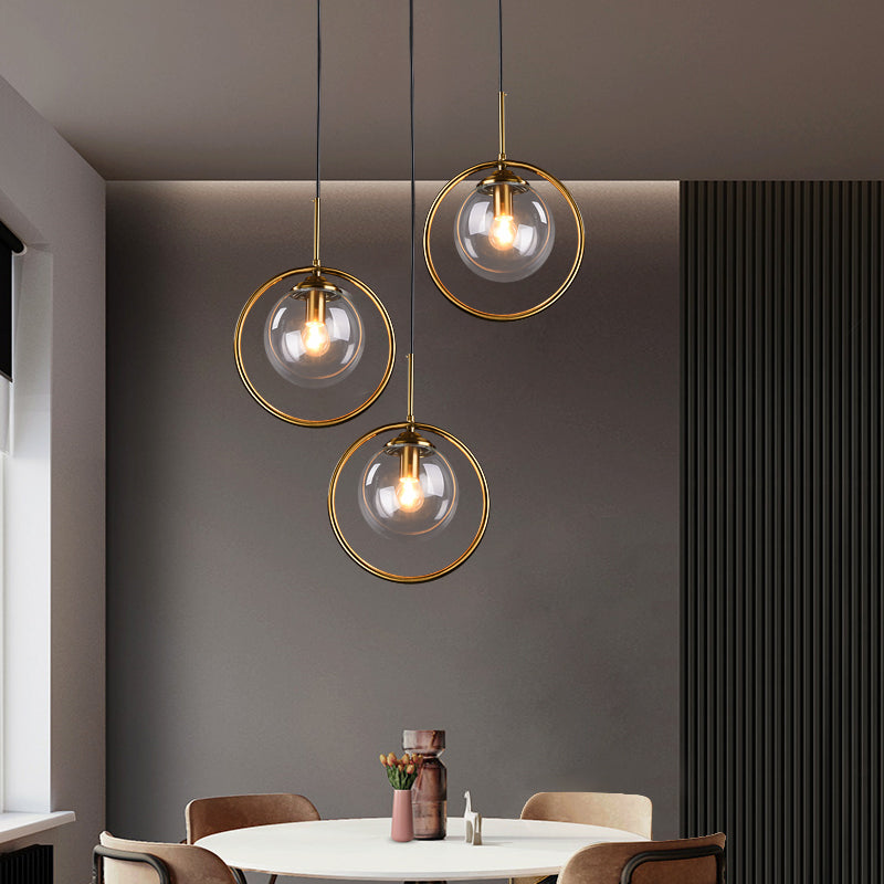 Dinning Room Three Head Sphere Shape Hanging Light  Glass and Metal Modern Down Lighting Pendant