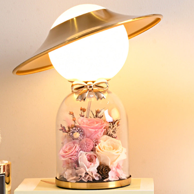 White Glass Newlywed Nightstand Lamp Modern 1-Bulb Gold Table Light with Flower Decor