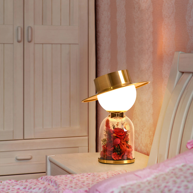 White Glass Newlywed Nightstand Lamp Modern 1-Bulb Gold Table Light with Flower Decor