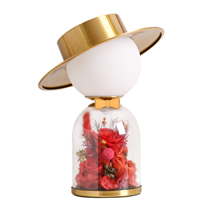 White Glass Newlywed Nightstand Lamp Modern 1-Bulb Gold Table Light with Flower Decor