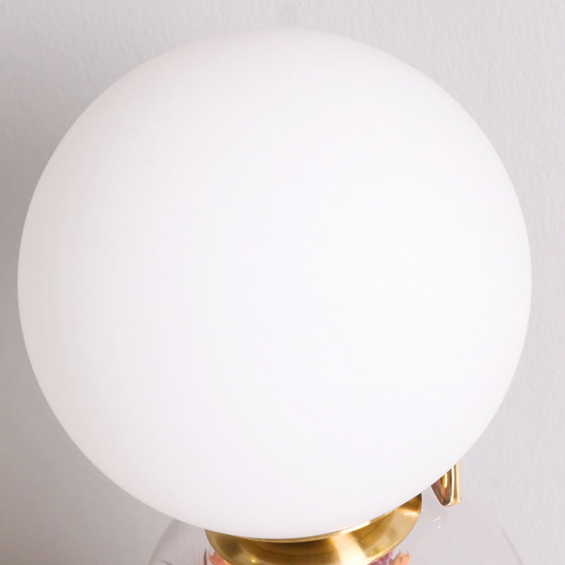 White Glass Newlywed Nightstand Lamp Modern 1-Bulb Gold Table Light with Flower Decor