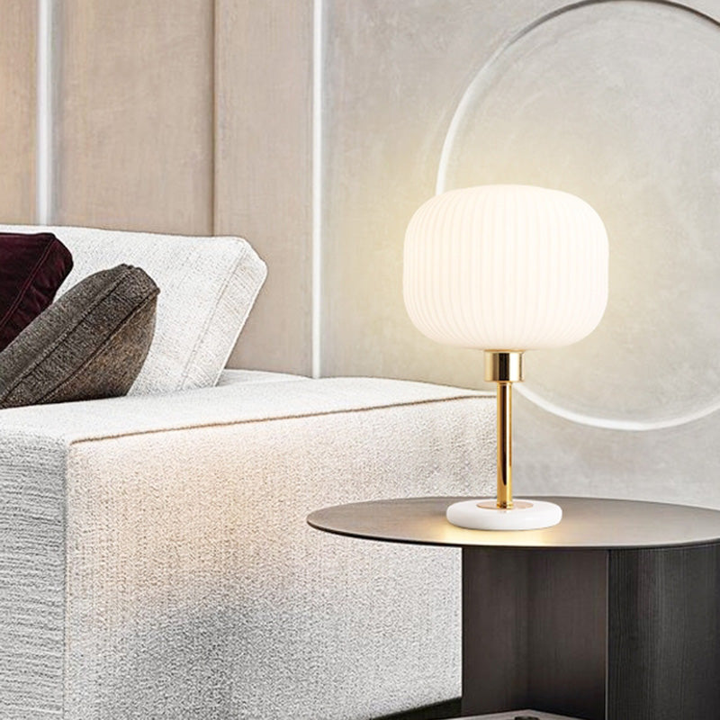 White Ribbed Glass Drum Shade Night Lamp Minimalist 1 Bulb Gold Table Light with Marble Base