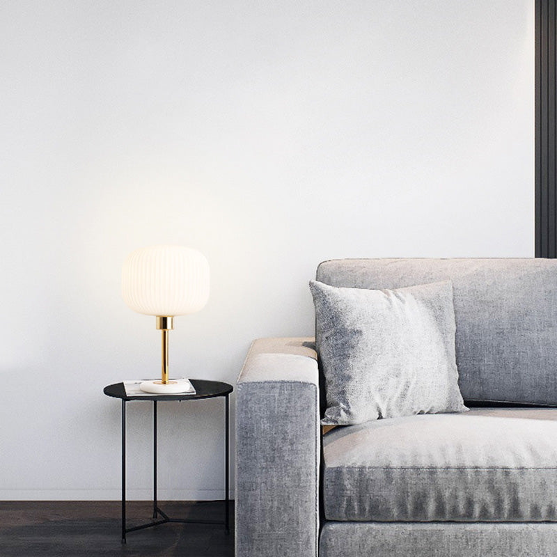 White Ribbed Glass Drum Shade Night Lamp Minimalist 1 Bulb Gold Table Light with Marble Base