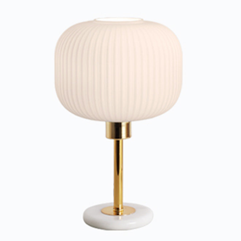 White Ribbed Glass Drum Shade Night Lamp Minimalist 1 Bulb Gold Table Light with Marble Base