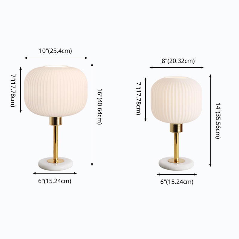 White Ribbed Glass Drum Shade Night Lamp Minimalist 1 Bulb Gold Table Light with Marble Base