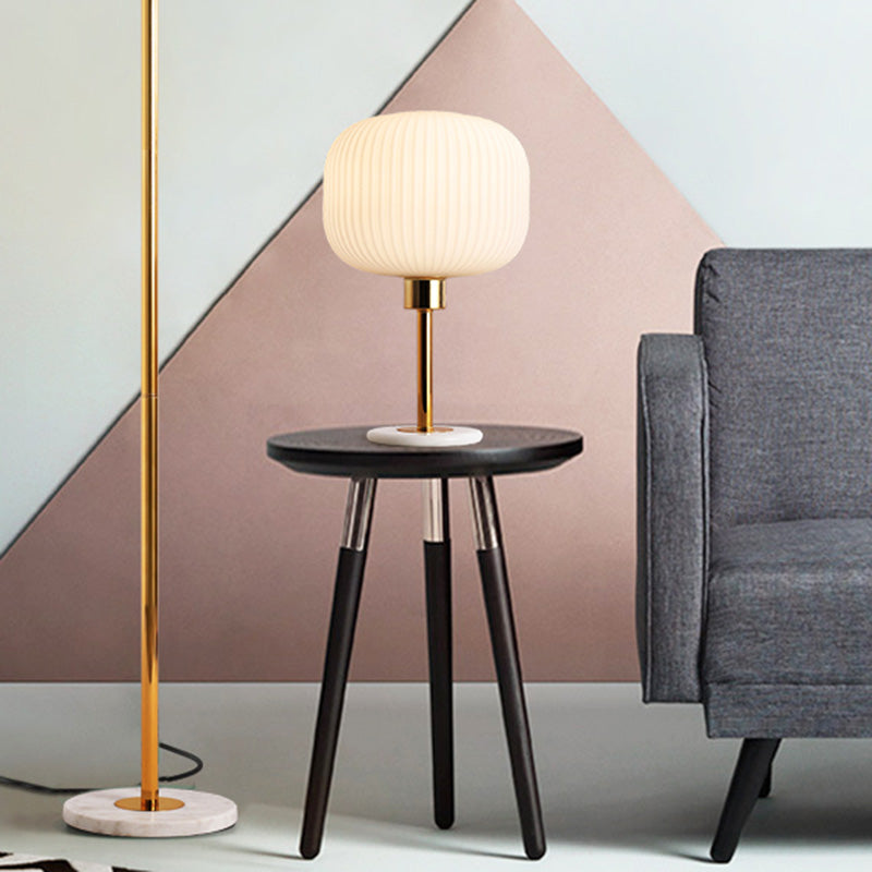 White Ribbed Glass Drum Shade Night Lamp Minimalist 1 Bulb Gold Table Light with Marble Base