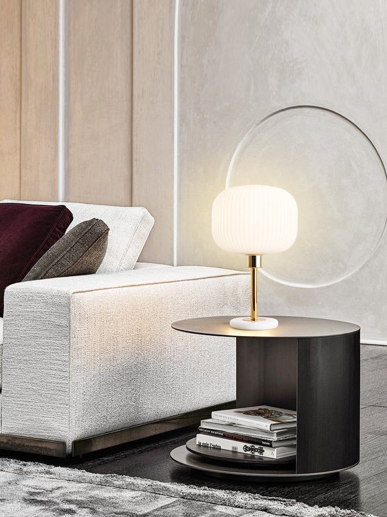 White Ribbed Glass Drum Shade Night Lamp Minimalist 1 Bulb Gold Table Light with Marble Base