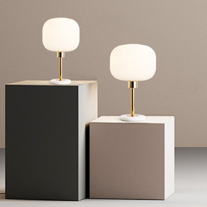 White Ribbed Glass Drum Shade Night Lamp Minimalist 1 Bulb Gold Table Light with Marble Base