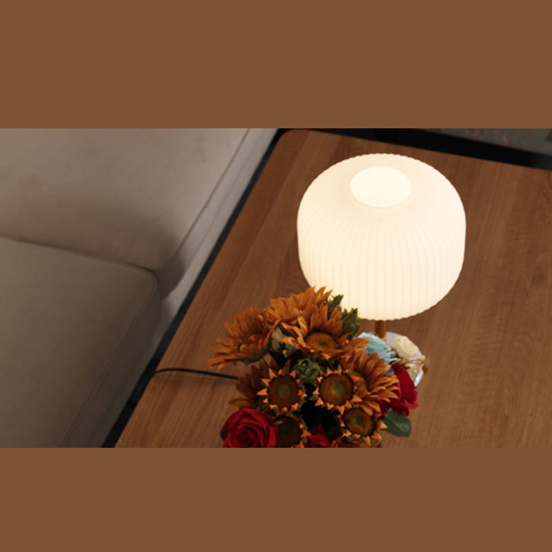 White Ribbed Glass Drum Shade Night Lamp Minimalist 1 Bulb Gold Table Light with Marble Base