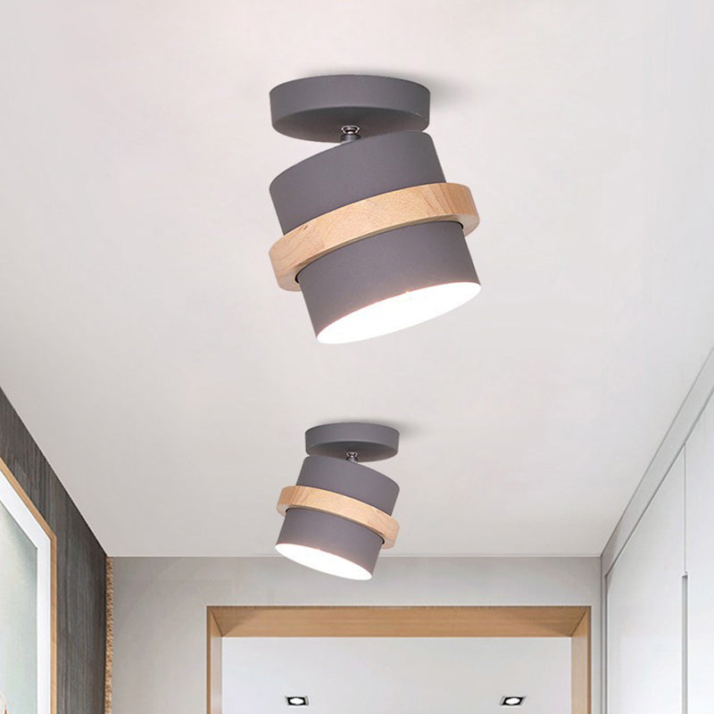Modern Artistic Ceiling Light Wooden Geometric Semi Flush Mount with Wrought Iron Shade