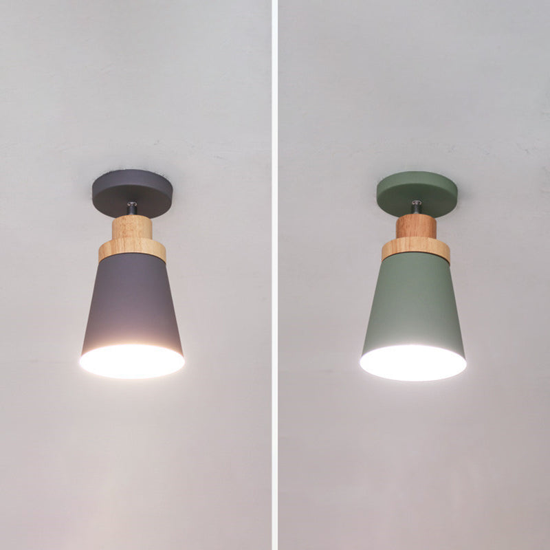 Modern Artistic Ceiling Light Wooden Geometric Semi Flush Mount with Wrought Iron Shade
