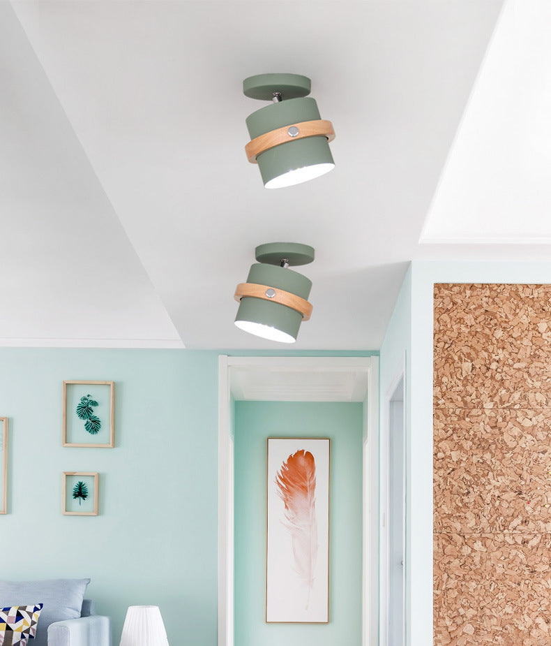 Modern Artistic Ceiling Light Wooden Geometric Semi Flush Mount with Wrought Iron Shade